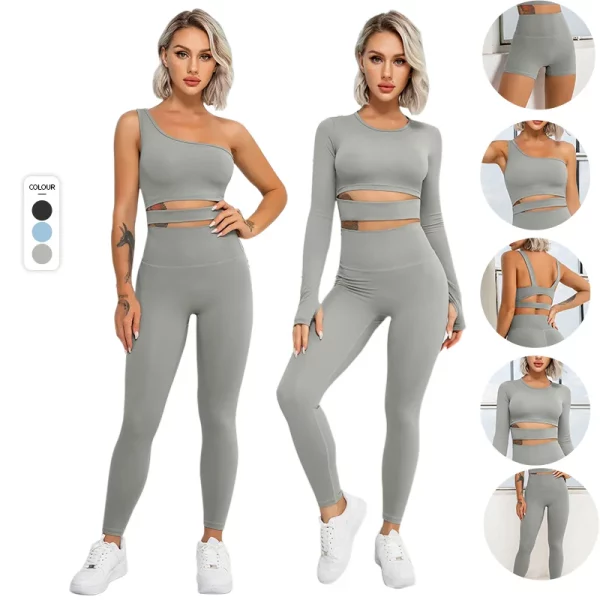 New Recycled Nylon Friendly Workout  Fitness Long Sleeve Sport Sport Crop Top Hollowed Sexy Sport Bra Long Yoga Set - Image 2
