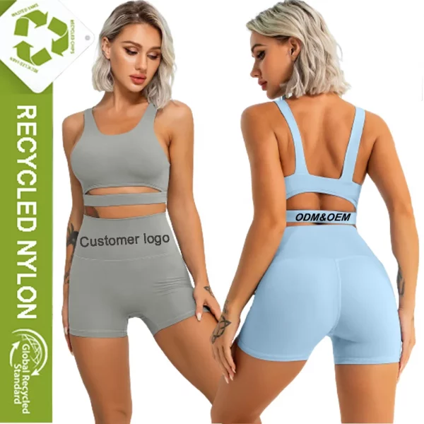 New Recycled Nylon Friendly Workout  Fitness Long Sleeve Sport Sport Crop Top Hollowed Sexy Sport Bra Long Yoga Set - Image 6