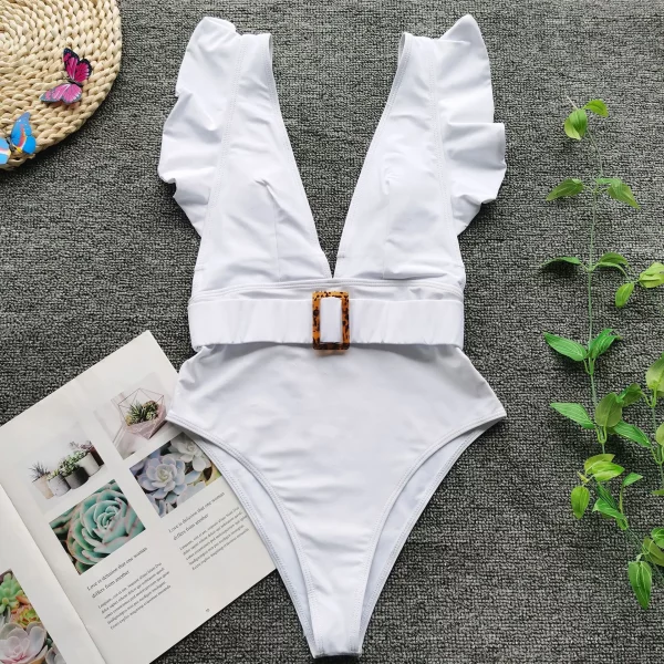 JSN7106 White Ruffle swimsuit female Belt Deep v neck woman custom bathing suit beach one piece swimwear women bathing suit - Image 4