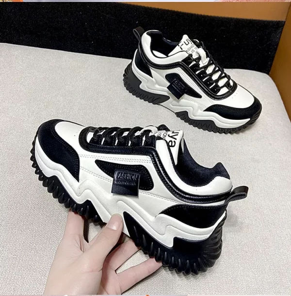 PU upper flat sneakers lady women's thick sole white walking street shoes for women lady - Image 2