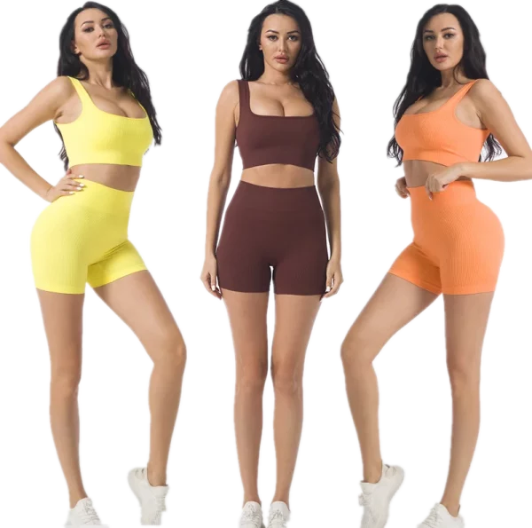 Breathable Customizable Elasticity Gym Fitness Sets Women 2 Piece Seamless Summer Yoga Sports Bra Sweat Shorts Yoga Set - Image 6