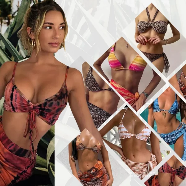 JSN7099 Women Hot Leopard Bandage Swimsuit Bikini  Cover Up Dress Swim Bathing Suit 3pcs Beach Wear Swimwear - Image 6