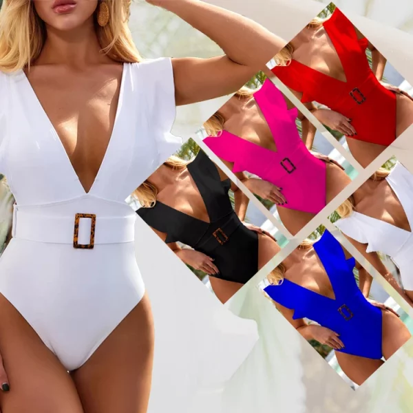 JSN7106 White Ruffle swimsuit female Belt Deep v neck woman custom bathing suit beach one piece swimwear women bathing suit - Image 6