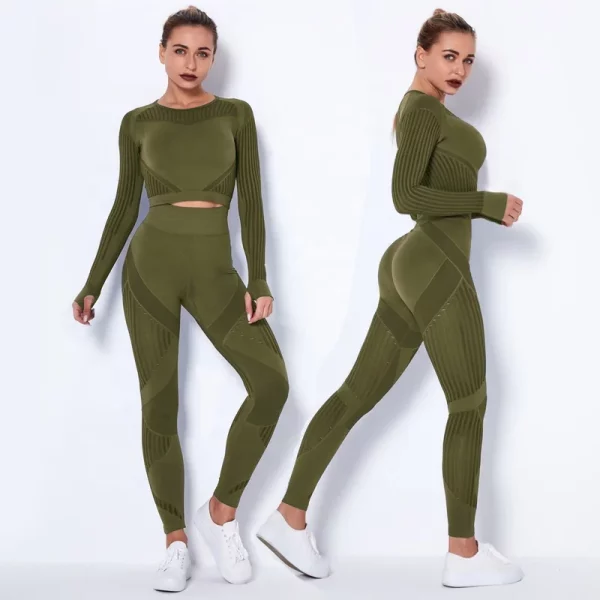 Women High waist Fitness Leggings Sport Set Tracksuit Workout Long Sleeve Seamless Yoga Clothes - Image 4