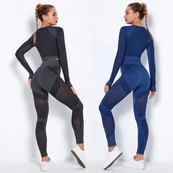 Women High waist Fitness Leggings Sport Set Tracksuit Workout Long Sleeve Seamless Yoga Clothes - Image 2