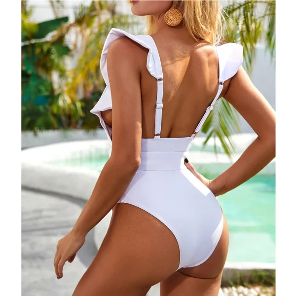 JSN7106 White Ruffle swimsuit female Belt Deep v neck woman custom bathing suit beach one piece swimwear women bathing suit - Image 3
