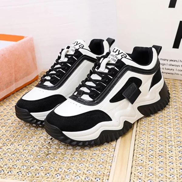PU upper flat sneakers lady women's thick sole white walking street shoes for women lady - Image 3