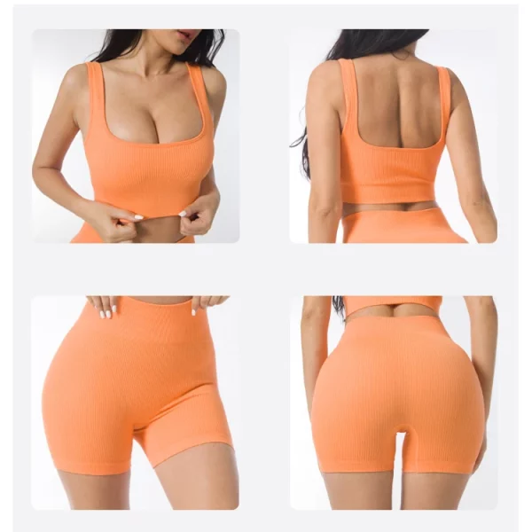 Breathable Customizable Elasticity Gym Fitness Sets Women 2 Piece Seamless Summer Yoga Sports Bra Sweat Shorts Yoga Set