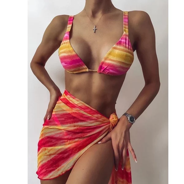 JSN7099 Women Hot Leopard Bandage Swimsuit Bikini  Cover Up Dress Swim Bathing Suit 3pcs Beach Wear Swimwear - Image 3