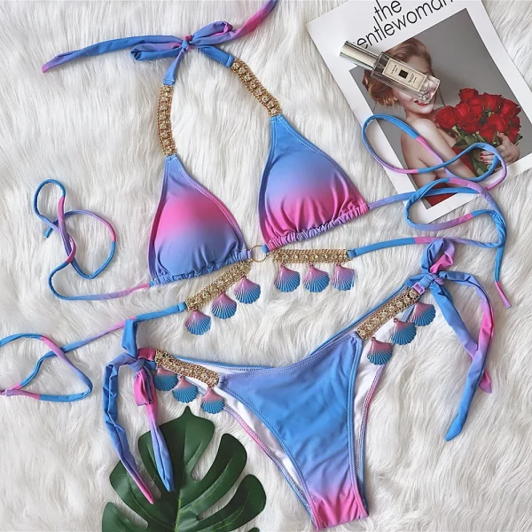 Crystal Rhinestone Bikini Luxury Diamond Swimsuit Jewelry Swimwear 2023 Summer Women Beachwear Gradient Designer Bikini Set - Image 3