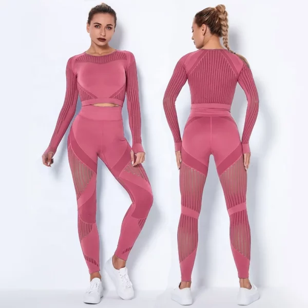 Women High waist Fitness Leggings Sport Set Tracksuit Workout Long Sleeve Seamless Yoga Clothes - Image 5