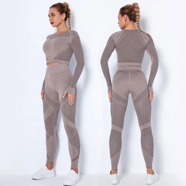 Women High waist Fitness Leggings Sport Set Tracksuit Workout Long Sleeve Seamless Yoga Clothes - Image 3