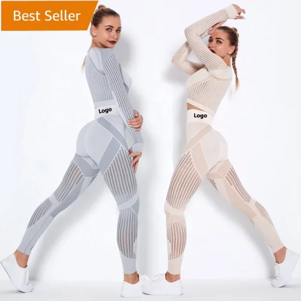 Women High waist Fitness Leggings Sport Set Tracksuit Workout Long Sleeve Seamless Yoga Clothes - Image 6